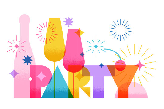 Party word, champagne bottle, glasses, fireworks. Cocktail arty banner, poster, drinks menu design. Vector illustration