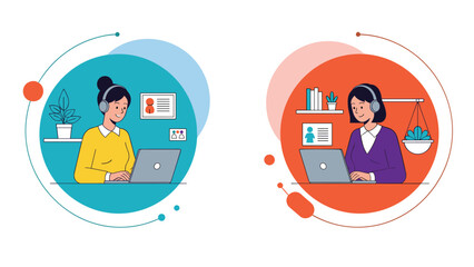 Fototapeta premium Two women, each working on laptops with headphones within their distinct circular interfaces, symbolizing remote work and online collaboration.