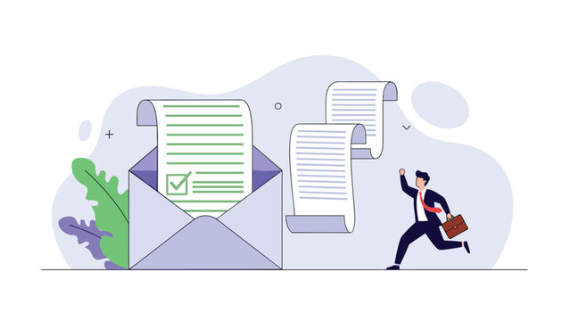 Excited businessman running happily from a large open envelope with documents flying out, symbolizing successful mail delivery or project completion.
