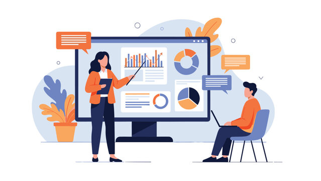 Woman giving a professional presentation in front of a large computer monitor displaying various data charts, with a man attentively watching.