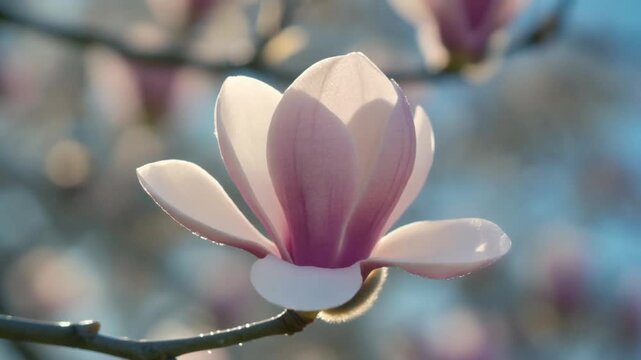 Delicate pink magnolia blossom glowing in warm sunlight