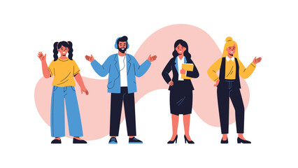Fototapeta premium Diverse group of four standing people, two men and two women, dressed in various smart casual and business attires, representing a modern team or community.
