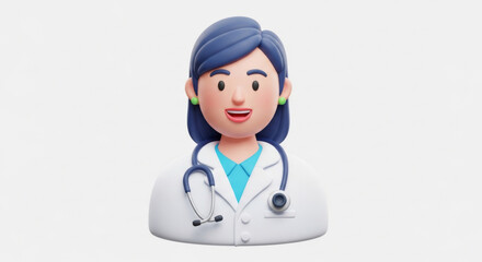 Fototapeta premium Friendly Female Cartoon Doctor with a Stethoscope, Wearing a White Coat and a Blue Shirt, Ready to Help Patients
