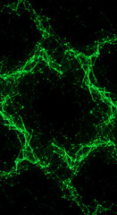 Green digital network on a black background, formed by connected nodes and lines, resembling abstract communication, technology, or complex system