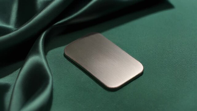 Brushed metal plate on elegant dark green fabric