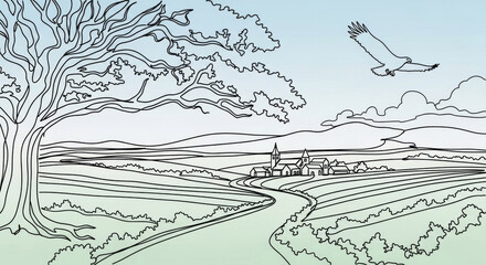 Obraz premium Stylized Landscape Featuring a Large Tree, a Winding Road, and a Distant Village Under a Pastel Sky
