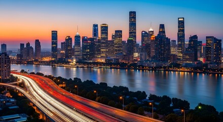 Fototapeta premium Vibrant City Skyline at Dusk with Illuminated Skyscrapers, River Reflections, and Streaking Highway Light Trails