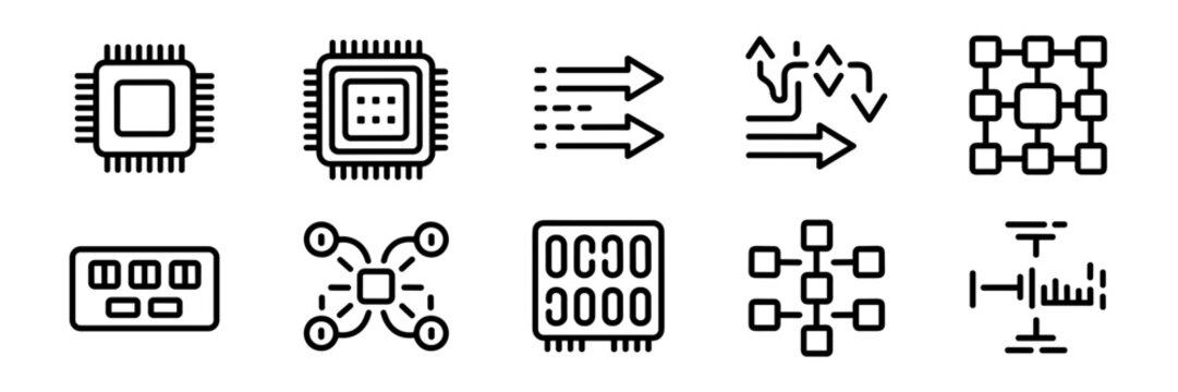 Parallel processing and data throughput icons &ndash; Ideal for computer science education, server architecture news, or tech blogs.