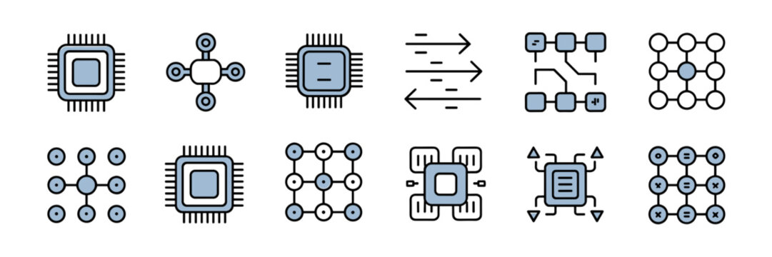 Multi-core CPU and parallel computing icons &ndash; Suitable for high-bandwidth network news, tech tutorials, or data workflow diagrams.