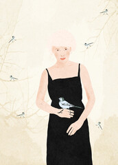 Ilustracja portret młodej kobiety z jasnymi włosami z ptakiem na ręce. © Monika