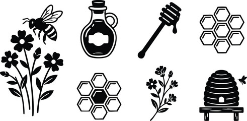 Minimalist black and white vector icons of bee pollinating flowers honey jar honey dipper dripping hexagonal honeycombs flower sprigs and traditional hive with flying bee illustrations
