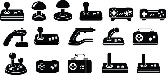 Black and White Vector Icon Set of Retro Game Controllers Joystick Gamepad and Console Hardware Silhouette Elements for Gaming App Interface Design and Digital Media © MdRasel