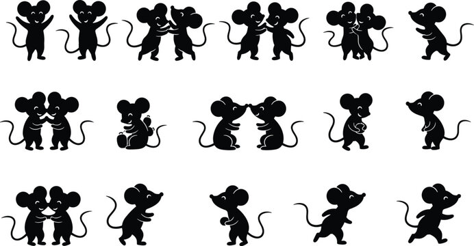 Collection of cute black mouse silhouettes featuring various poses like jumping dancing hugging and standing for children books animal mascots and nursery wall art design