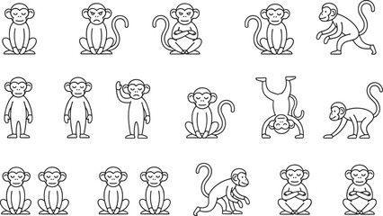 Collection of monkey line art icons featuring various poses and expressions including sitting standing walking and handstands for children books education and character design © MdRasel