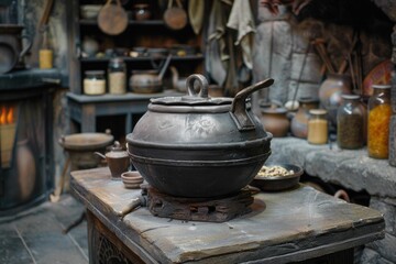 Naklejka premium Large, dark metal cooking pot rests on a simple stove in a medieval or fantasy style kitchen, surrounded by various jars, utensils, and ingredients