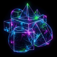 Fototapeta premium Neon Geometric Shapes on Black Background