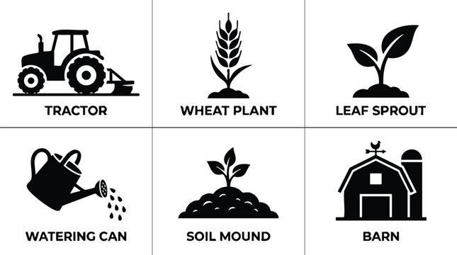 Simple black vector icons set showing tractor plowing field wheat plant growing leaf sprout watering can soil mound and barn silhouette farm equipment design