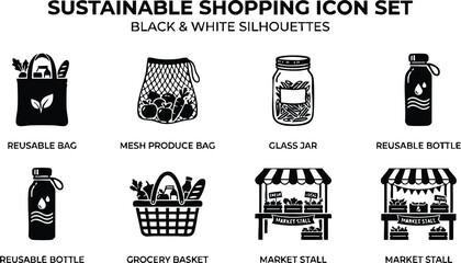 Black and white sustainable shopping icon set featuring reusable bags mesh produce bag glass jar grocery basket and market stall silhouettes simple flat design
