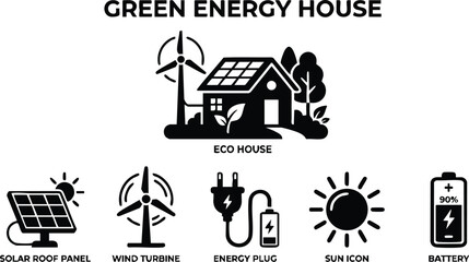 Fototapeta premium Black solid icons set of green energy house with solar roof panel wind turbine energy plug sun icon and battery for eco friendly renewable power solutions
