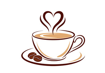 Obraz premium A stylized vector graphic features a warm cup of coffee resting upon a saucer alongside two roasted beans, while delicate brown lines of steam rise gracefully to form a perfectly inviting heart shape