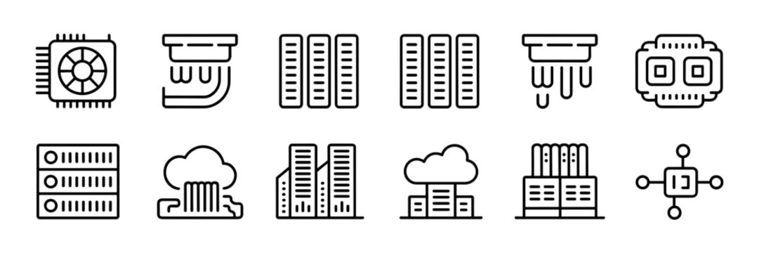 AI training infrastructure thin line icons &ndash; Suitable for deep learning articles, software interfaces, or computer science media.