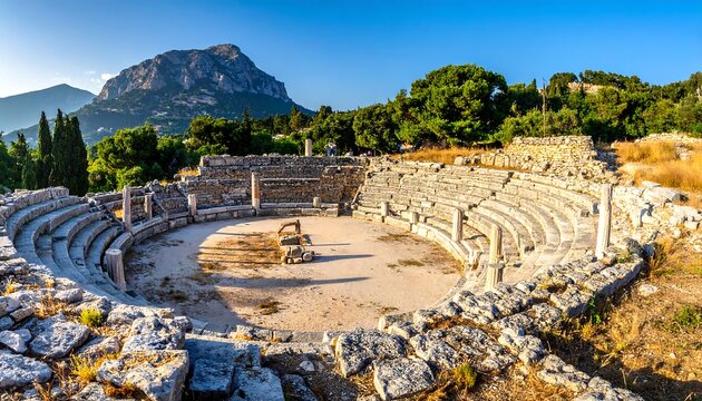 Stone ruins of an ancient theatre set against a mountainous, sunlit landscape on a clear day