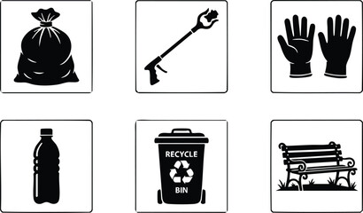Black and white flat design icons of garbage bag recycling bin plastic bottle trash picker gloves and park bench clean environment and waste management silhouette symbols