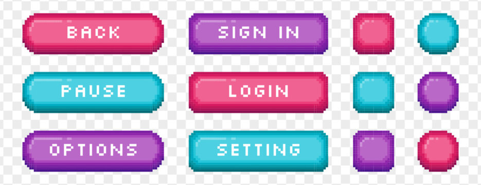 Vector set of colorful pixel art pause, back, login and sign in buttons. Pixelated video game icons, text box frames different shapes, interface menu elements in 8bit retro style. Arcade ui graphics