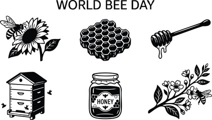 Black and white vector art of bees on sunflower and flower branch honeycomb dripping honey jar with label and wooden hive box celebrating world bee day awareness promotion