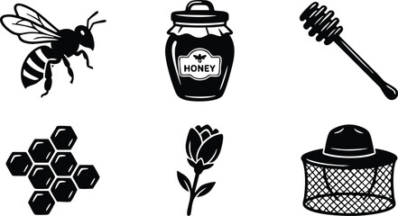Black and white vector art set with honey bee flying honey jar with label honey dipper wooden stick honeycomb cells flower blossom and beekeeper hat with mesh safety net for protection