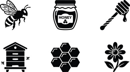 Minimalist black honey bee hive jar and honey dipper dripping honey flower and hexagon honeycomb flat vector icons set