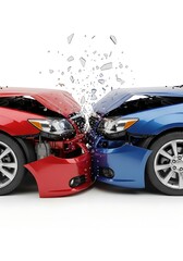 Naklejka premium Two cars crash into each other with debris flying everywhere on road