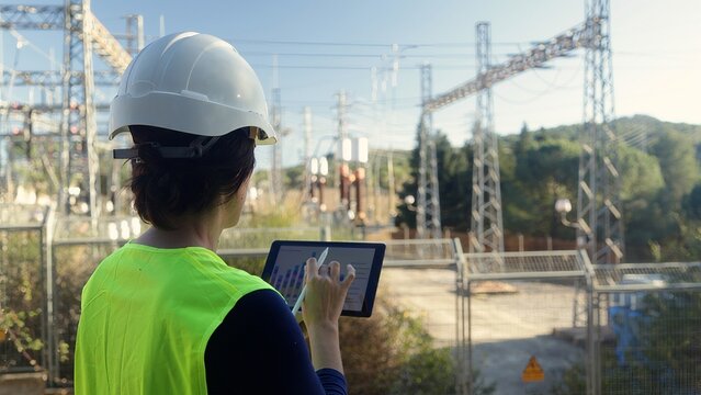 Female engineer in safety vest and hard hat using digital tablet with data charts, monitoring power grid infrastructure at electrical substation, ensuring energy transmission