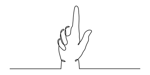 Index finger raised stop one line art, hand-drawn attention warning danger signal, prohibition hand palm gesture message symbol, no don't continuous drawing contour gesture outline. Editable stroke. I