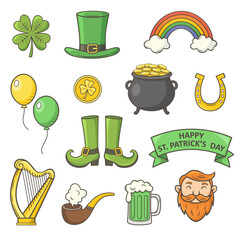 St. Patrick's Day  vector icon set with shamrock, leprechaun, pot of gold and Irish symbols