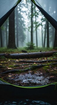 Cozy campsite in misty forest on rainy day with tent and puddles