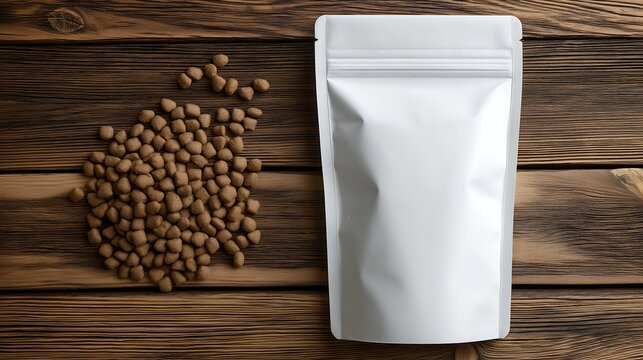  White paper biodegradable bag with zip lock. Packaging of dry pet cats or dogs food. Copy space mockup for logo design or text. Wooden table