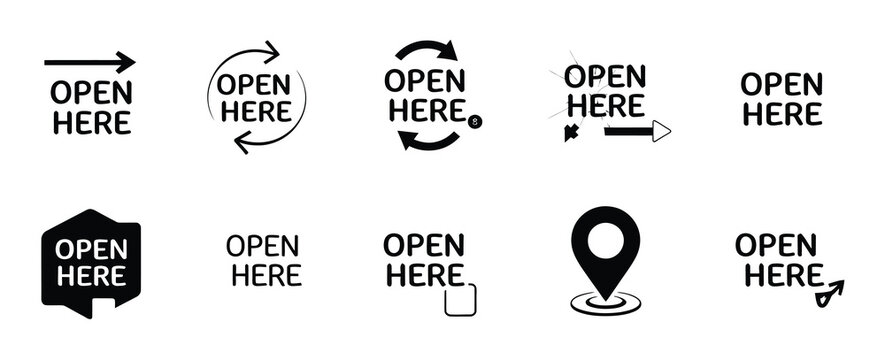 Open Here Icons Vector Set, Packaging Instruction Stickers and Labels for Parcel Box Design