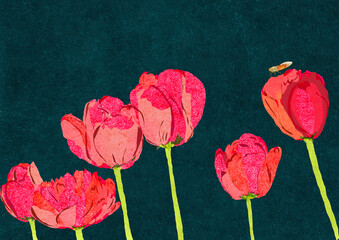 Ilustracja grafika czerwone tulipany na ciemnym tle. Hand made drawing © Monika