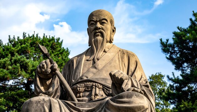 Stone statue of a wise bearded man in robes, outdoors under a blue sky with puffy white clouds