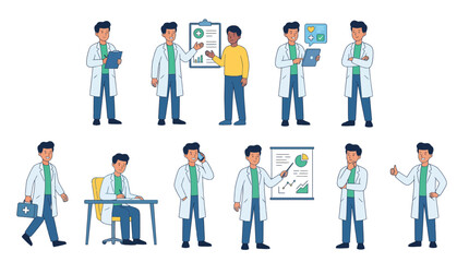 Doctor in various professional settings performing different actions illustrated in a flat design style