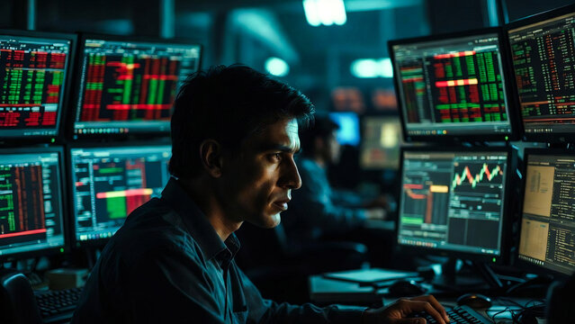 A man intently monitors multiple stock market screens in a dark, high-tech control room.
