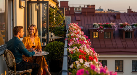 Fototapeta premium Couple enjoys wine on a flower-filled balcony overlooking rooftops, representing a relaxed lifestyle and moments of connection during sunset light