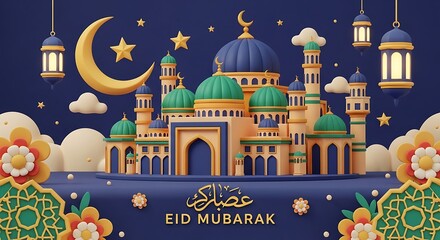 Fototapeta premium Celebrating eid mubarak with a beautifully illuminated mosque and crescent moon