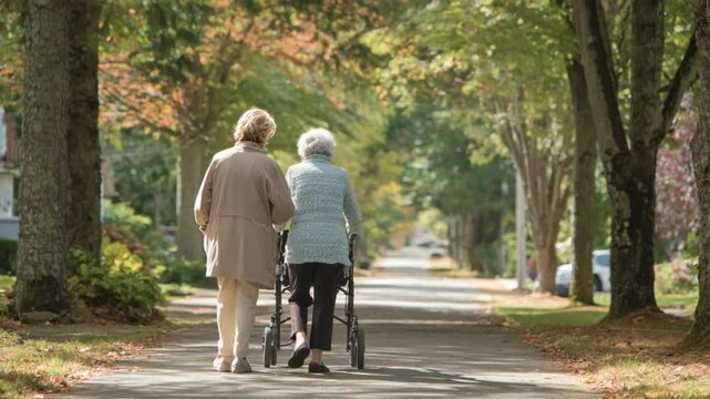 Senior stroll: Two senior individuals, embarking on a shared journey of companionship, meander along a tranquil, tree-lined path, embracing the peaceful rhythm of life.