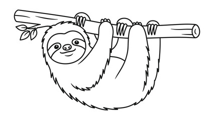 Fototapeta premium Lazy Sloth Cartoon: A cute sloth hangs upside down from a branch, depicting the serene and slow-paced life in its jungle habitat.