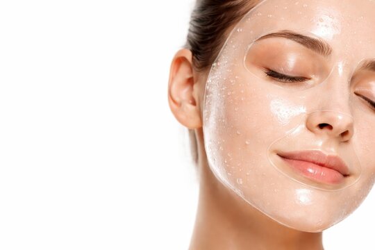 Studio macro photo of adult woman face with a translucent hydrogel spa mask on white background