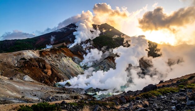Steaming volcanic mountain under a partly cloudy sky at sunset with orange sunlight peaking through the clouds