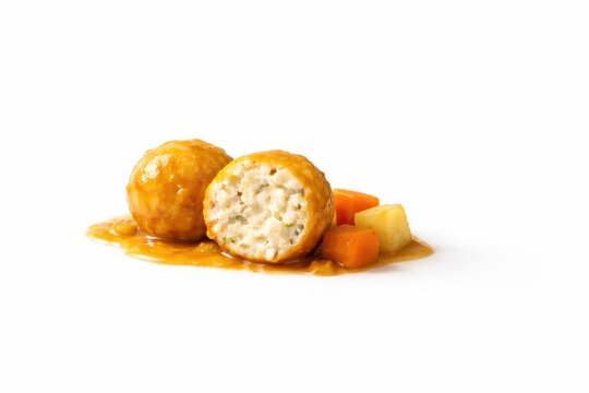 Studio macro photo of curry fishball with potato and carrot with one half cut open showing interior texture