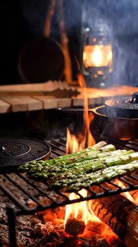 Green Asparagus Spear Grilled Over Open Flame in Rustic Kitchen Setting